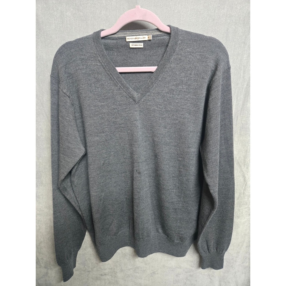 Peter Millar Mens Gray 100% Merino Wool V-Neck Sweater Size Medium Classic Knit
